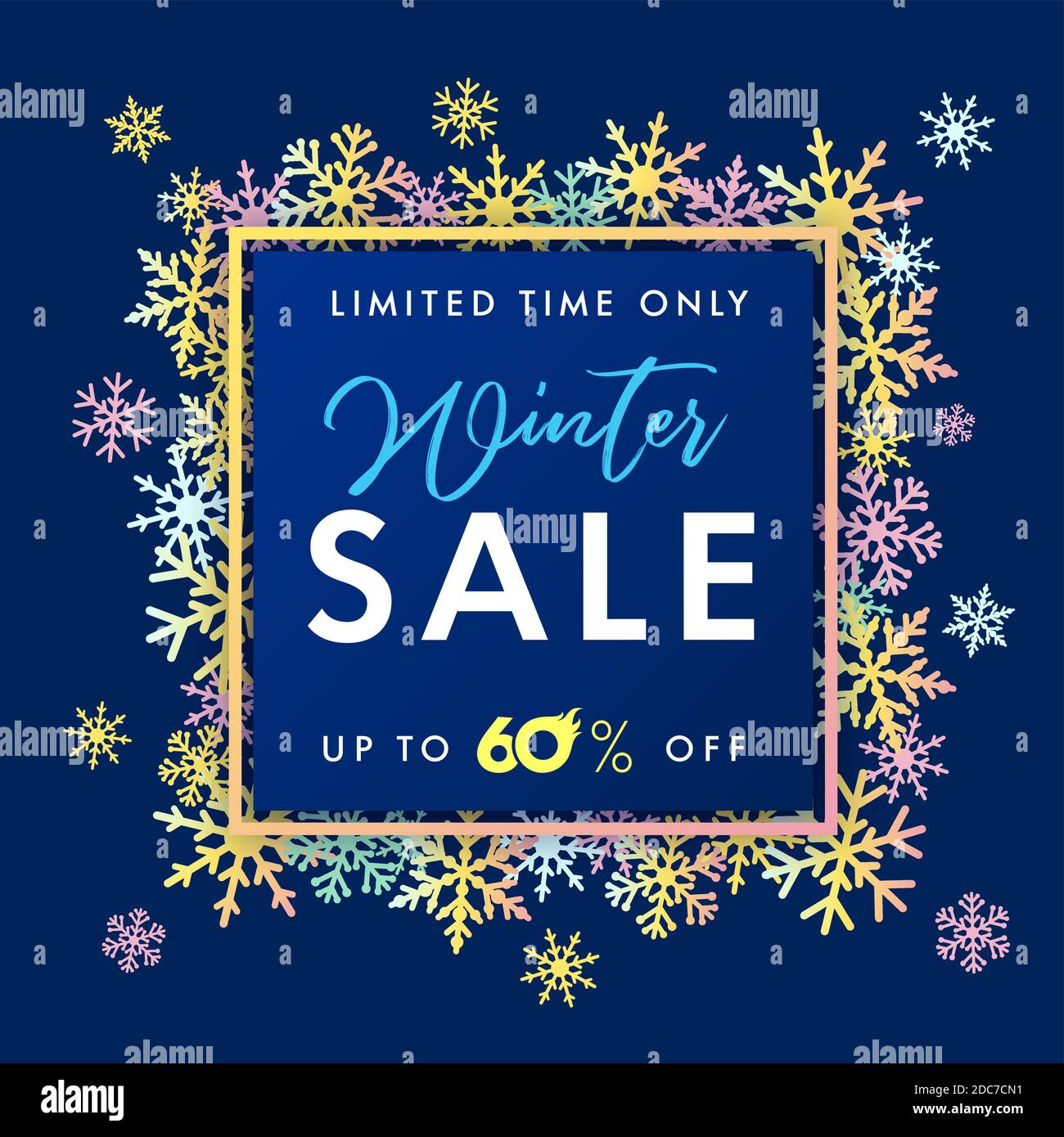 Elegante Winter Verkauf Banner farbigen Schnee. Winter SALE Lettering Design mit blauen Schneeflocken in Rahmen und Text begrenzte Zeit nur Verkauf bis zu 60% auf navy Stock Vektor