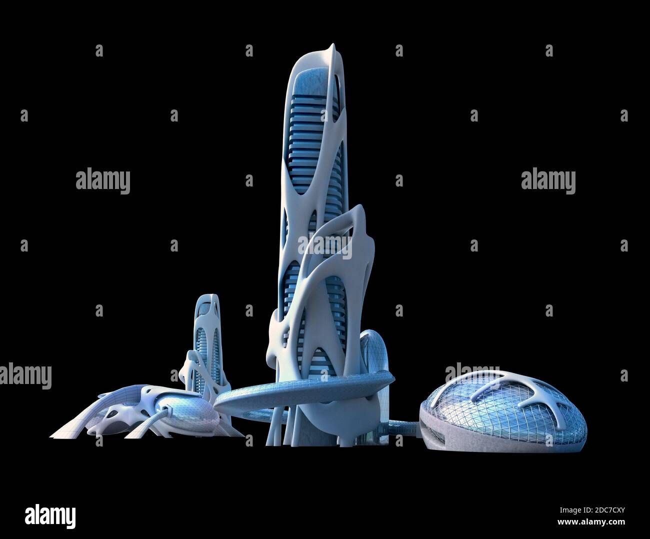 Futuristische Skyline der Stadt mit organischen architektonischen Strukturen, mit dem Schnittpfad in der 3D-Illustration enthalten, für Science-Fiction-Hintergründe Stockfoto