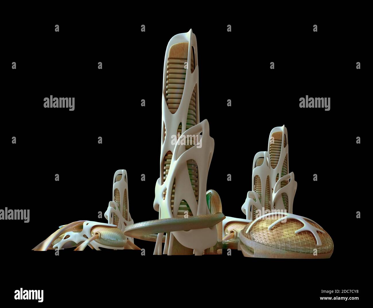 Futuristische Skyline der Stadt mit organischen architektonischen Strukturen, mit dem Schnittpfad in der 3D-Illustration enthalten, für Science-Fiction-Hintergründe Stockfoto