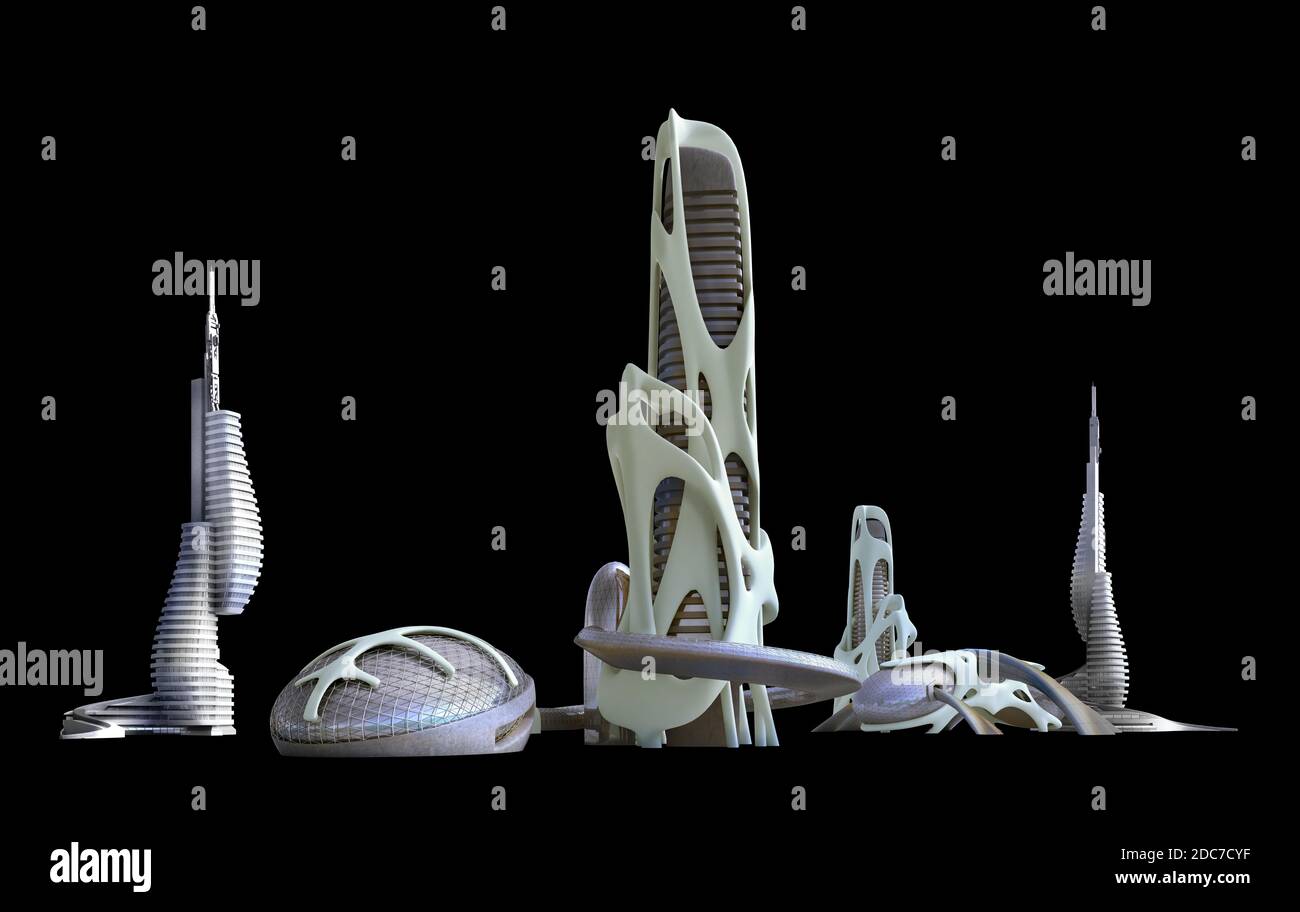 Futuristische Skyline der Stadt mit organischen architektonischen Strukturen, für Science-Fiction-Hintergründe, mit dem Schnittpfad in der 3D-Illustration enthalten Stockfoto