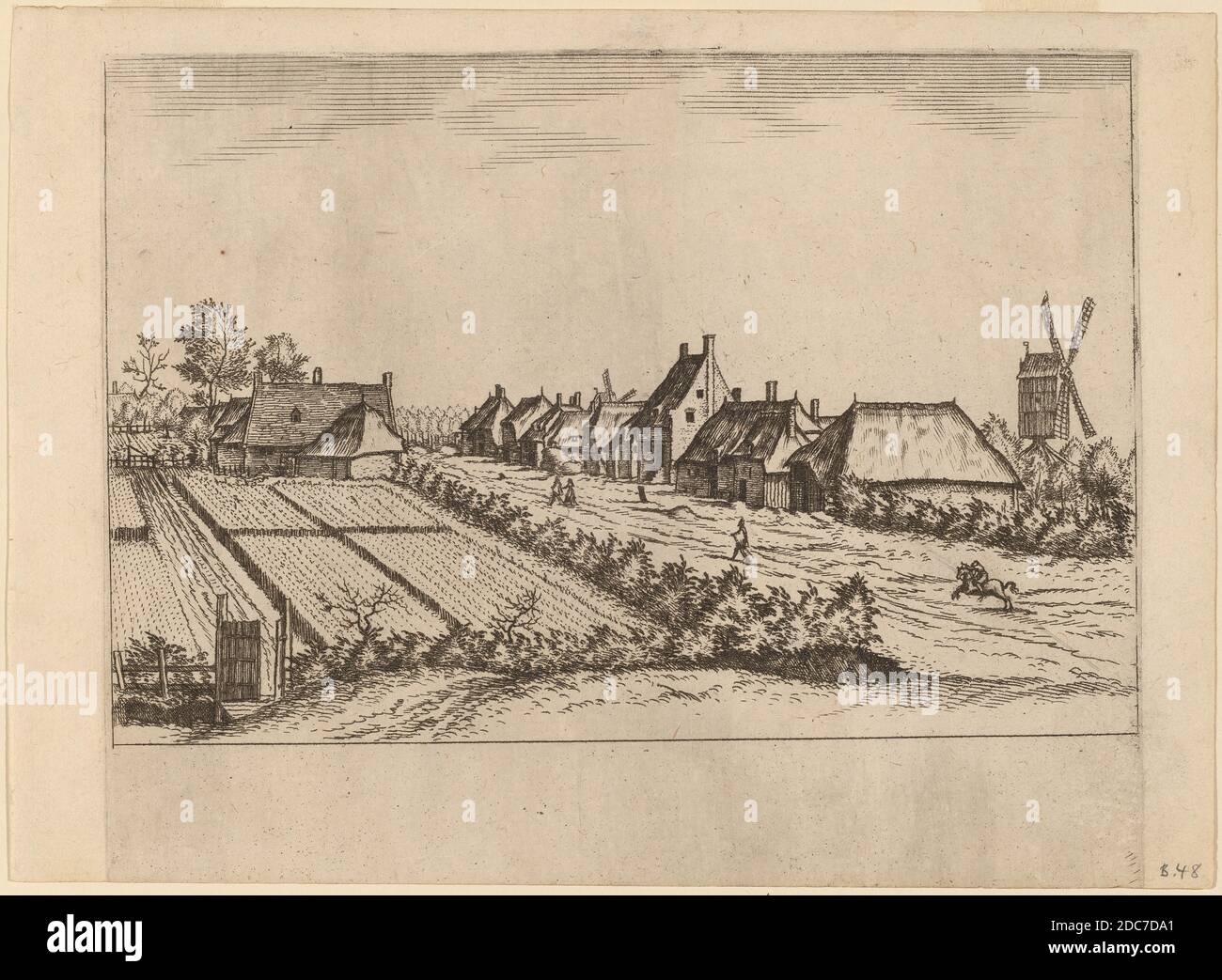 Johannes van Doetechum der Ältere, (Künstler), Holländer, gestorben 1605, Lucas van Doetechum, (Künstler), Holländer, aktiv 1554/1572; gestorben vor 1589, Meister der kleinen Landschaften, (Künstler nach), Niederlandisch, Felder und eine Dorfstraße mit Post Mill, kleine Landschaften (New Holl. 118-161), (Serie), erschienen 1559/1561, Radierung retuschiert mit Gravur Stockfoto