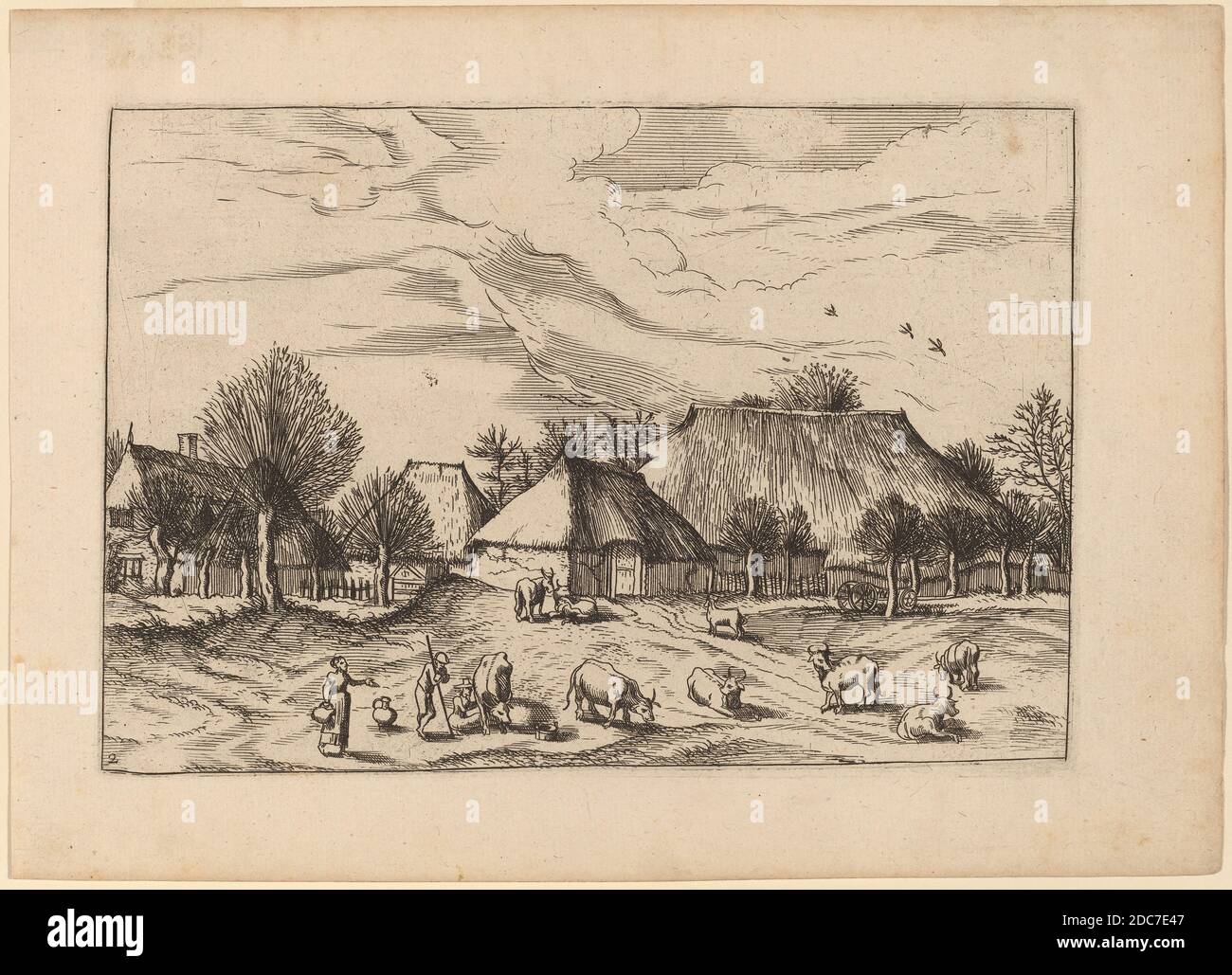 Lucas van Doetechum, (Künstler), Holländer, aktiv 1554/1572; gestorben vor 1589, Johannes van Doetechum der Ältere, (Künstler), Holländer, gestorben 1605, Meister der kleinen Landschaften, (Künstler nach), Holländisch, Bauernhöfe, kleine Landschaften (New Holl. 118-161), (Serie), erschienen in oder vor 1676, Radierung retuschiert mit Gravur Stockfoto