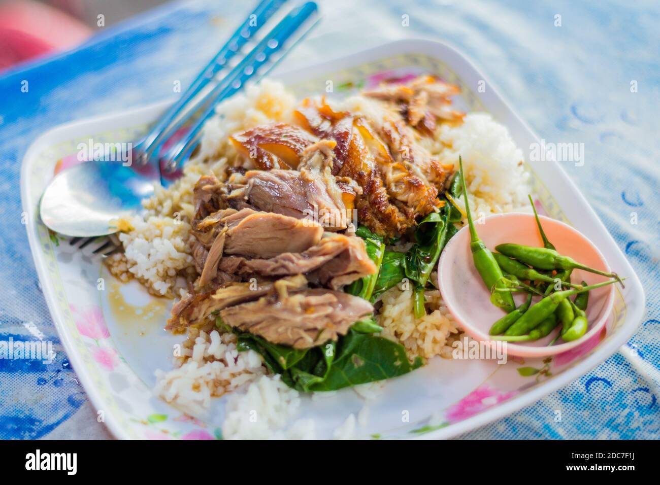 Kao Ka Moo, ein beliebtes thailändisches Street Food Gericht mit langsam geschmortem Schweinekeule in Thailand Stockfoto