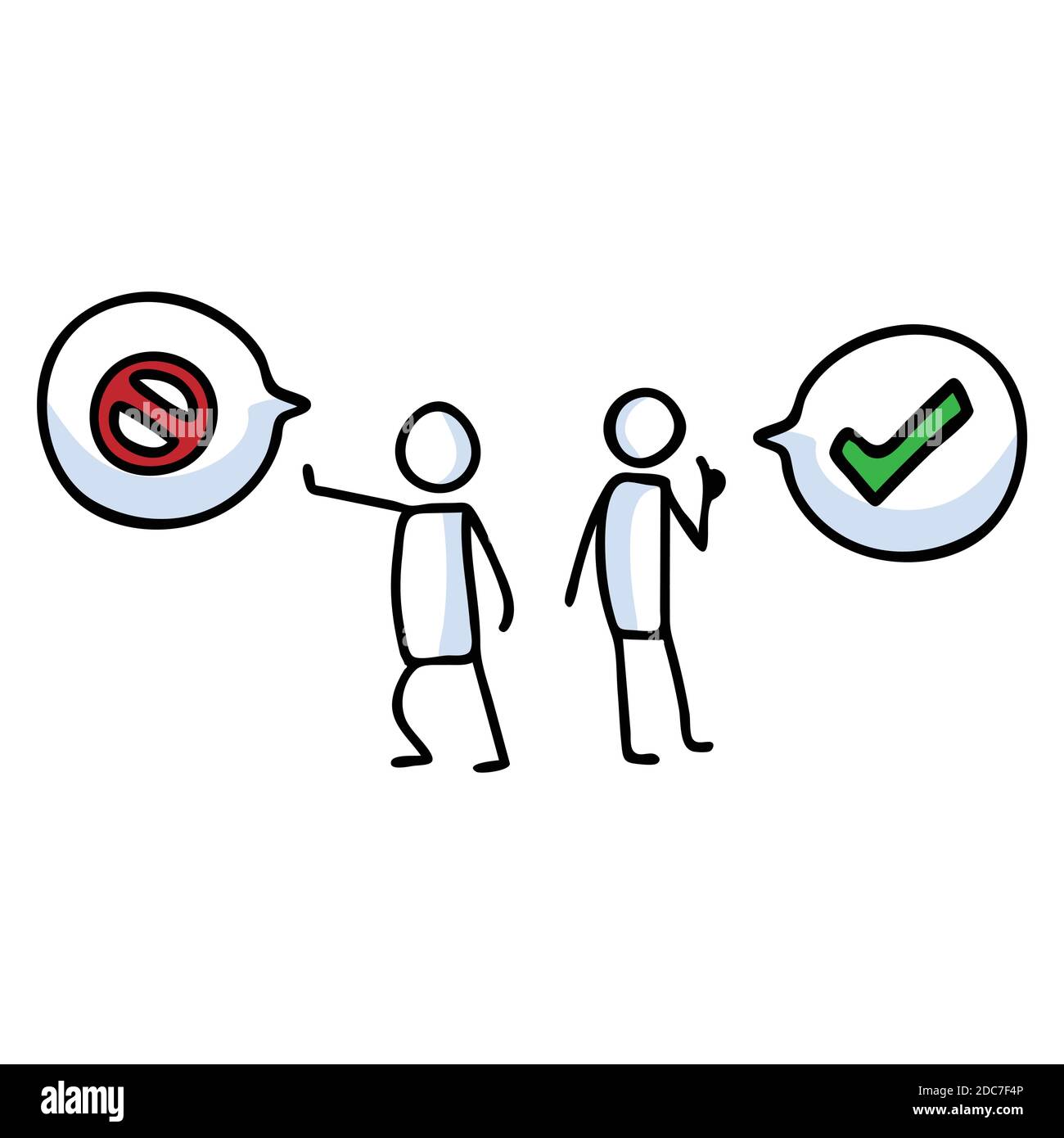 Hand stickman positiv und negativ mit Sprechblase. Einfache Umriss Häkchen