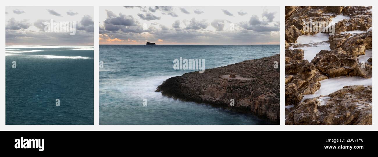 Kreative Postkarte aus drei Bildern, Triptychon über das Meer. Postkarte Stockfoto