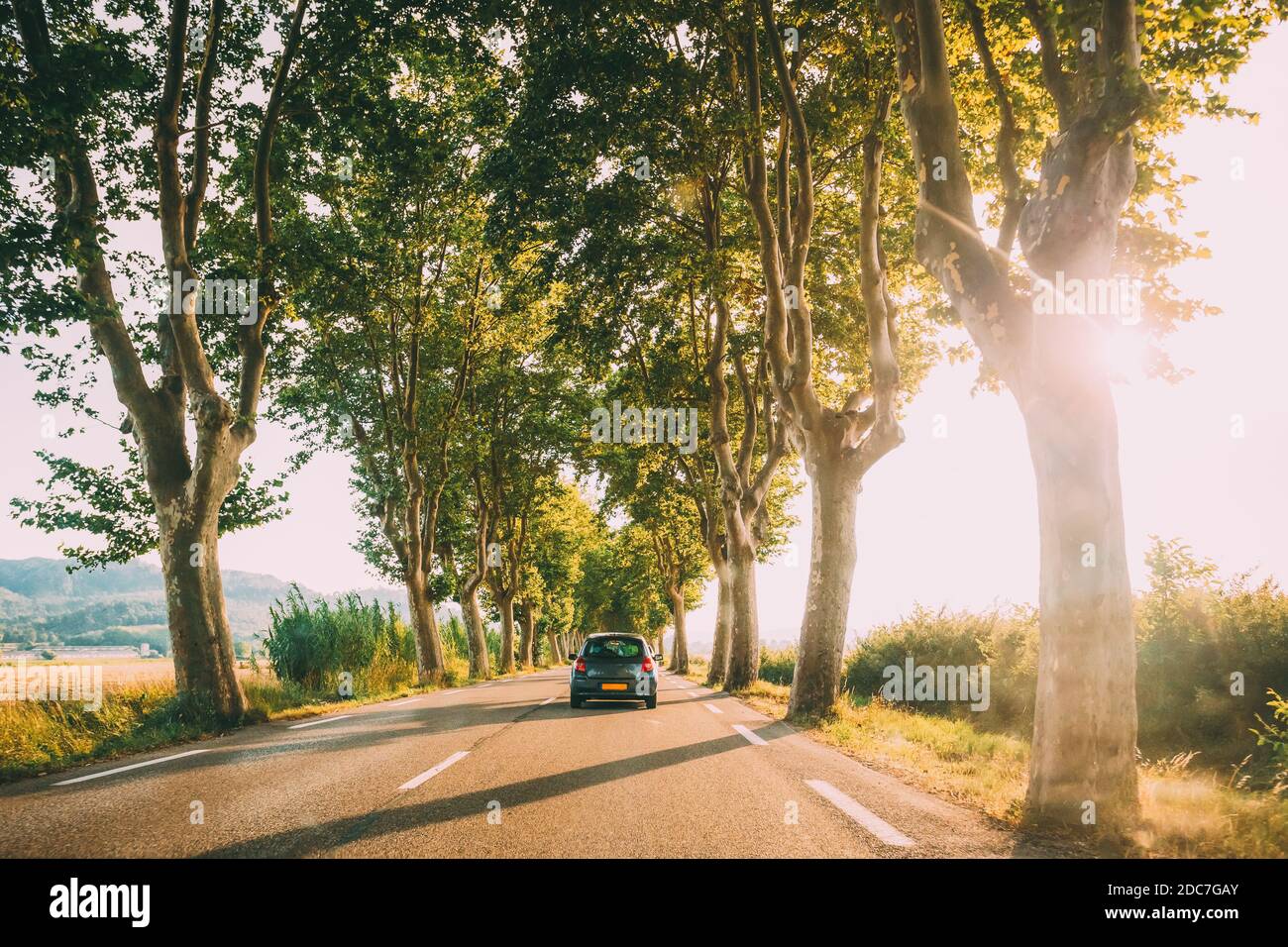 Autos fahren auf einer Landstraße mit Bäumen gesäumt. Helles Sonnenlicht bei Sonnenuntergang am Abend in Frankreich Stockfoto