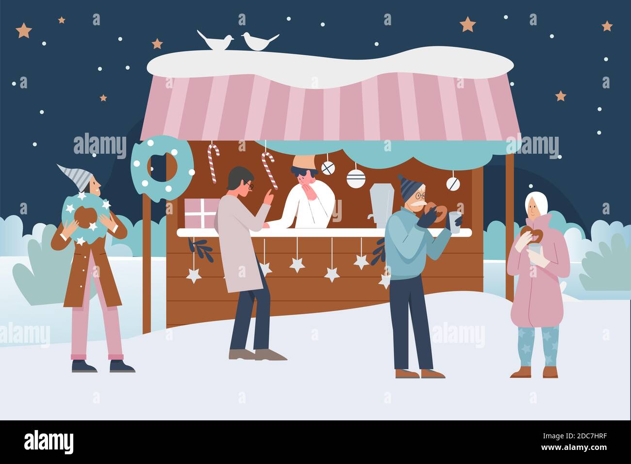 Menschen genießen Weihnachtsmarkt oder Urlaub im Freien Messe auf Stadtplatz Vektor Illustration. Cartoon glücklich Mann Frau Freund Charaktere gehen, kaufen Snack-Lebensmittel und Geschenke von Marktstand oder Kiosk Hintergrund Stock Vektor