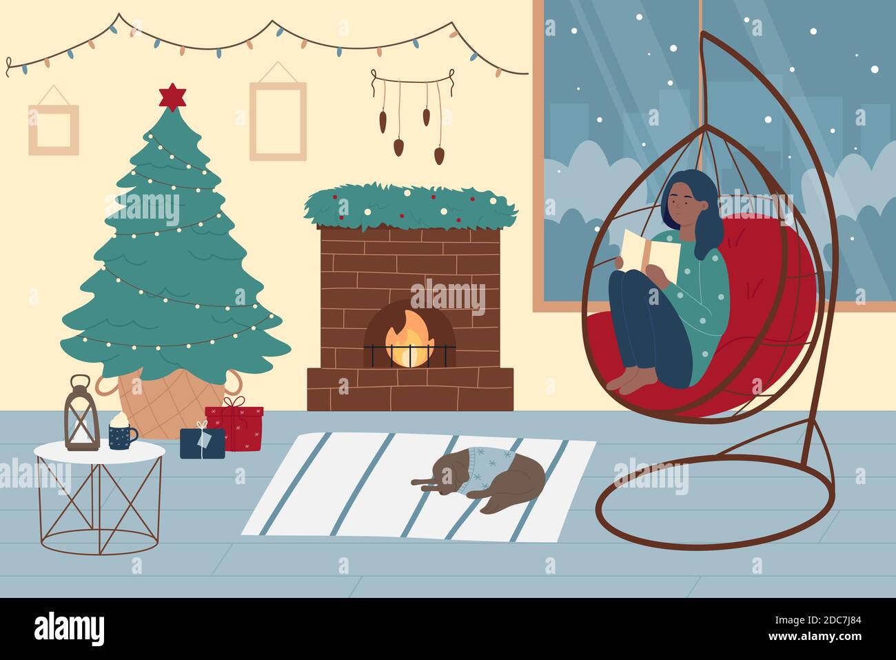 Mädchen genießen Weihnachten Winterurlaub mit Buch Vektor Illustration. Cartoon junge Frau sitzt in Kamin Sessel und Lesen, gemütliches Wohnzimmer mit Kamin, Weihnachtsbaum Hintergrund Stock Vektor