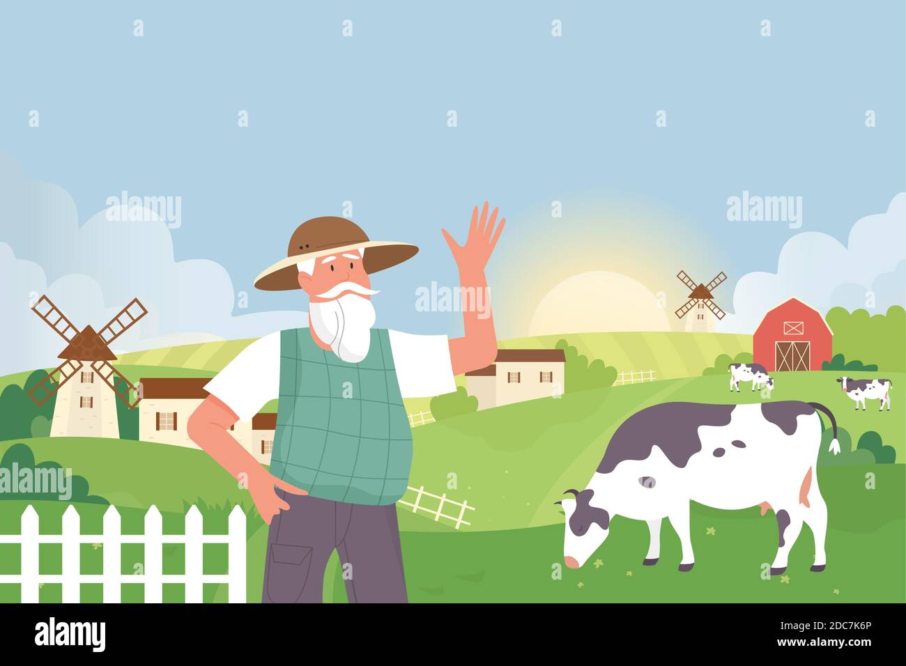 Landwirt in Ackerland Dorf Landschaft Vektor-Illustration. Cartoon ältere Dorfbewohner Mann Figur neben Windmühle, Haus oder Scheune und Land Landwirtschaft grünes Feld mit Kühen Hintergrund stehen Stock Vektor