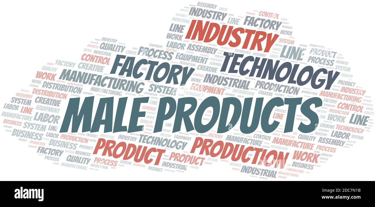 Männliche Produkte Wort Wolke erstellen nur mit dem Text. Stock Vektor