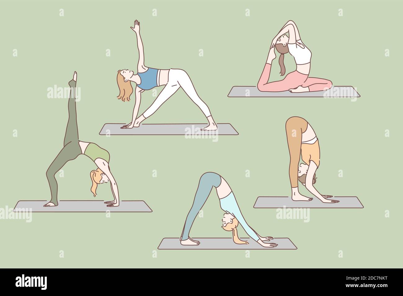 Yoga, Gesundheit, Asanas Set-Konzept. Junge flexible Frauen machen Yoga, stehen in Asana. Fokussierte Mädchen kümmern sich um ihre Gesundheit, mit verschiedenen Haltungen oder als Stock Vektor