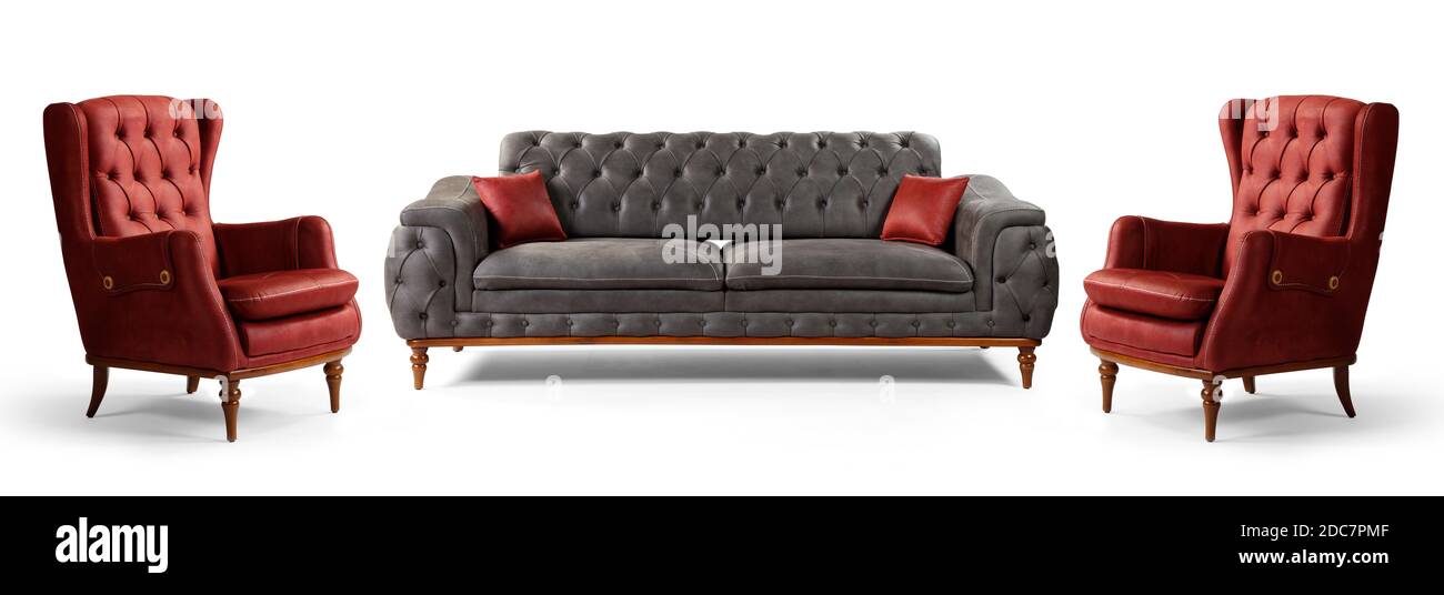 Moderne Möbel sind zur Hälfte auf weißem Hintergrund Stockfoto