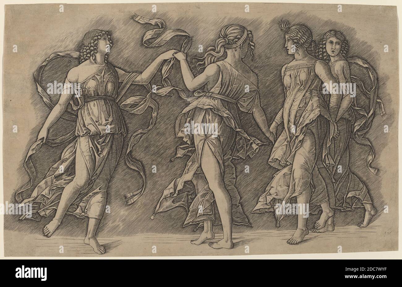 Giovanni Antonio da Brescia, (Künstler), Italienisch, aktiv c. 1490 - 1525 oder danach, Andrea Mantegna, (Künstler nach), Paduan, c. 1431 - 1506, italienisch 15. Jahrhundert, (Künstler), vier tanzende Musen, 1500/1505, Gravur auf Papier Stockfoto