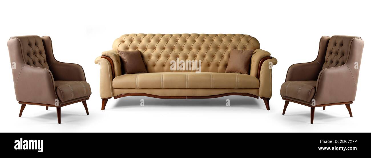 Moderne Möbel sind zur Hälfte auf weißem Hintergrund Stockfoto