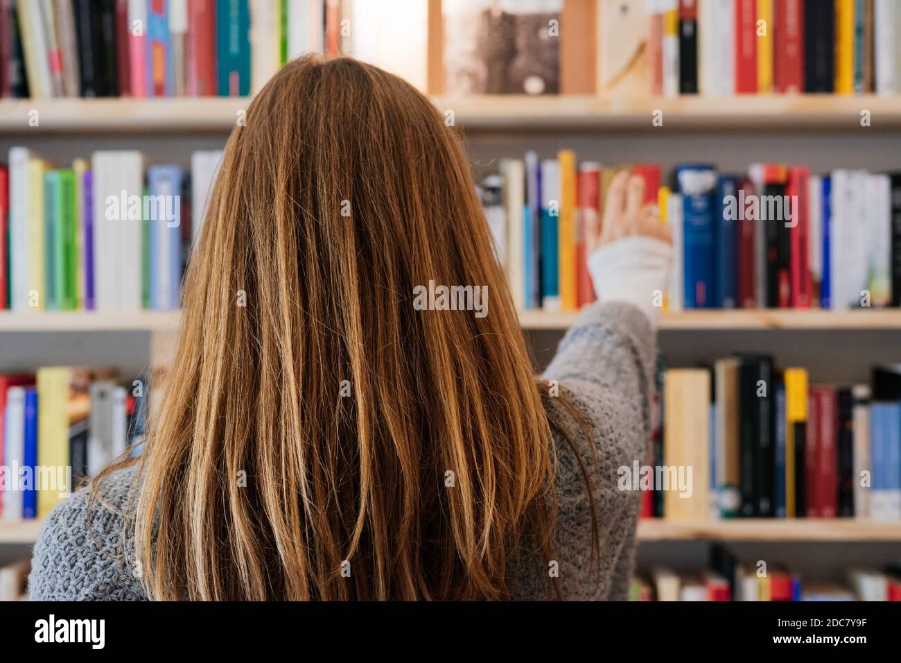 Junge blonde Frau auf ihrem Rücken, die ein Buch aus einem Bücherregal auswählt. Stockfoto
