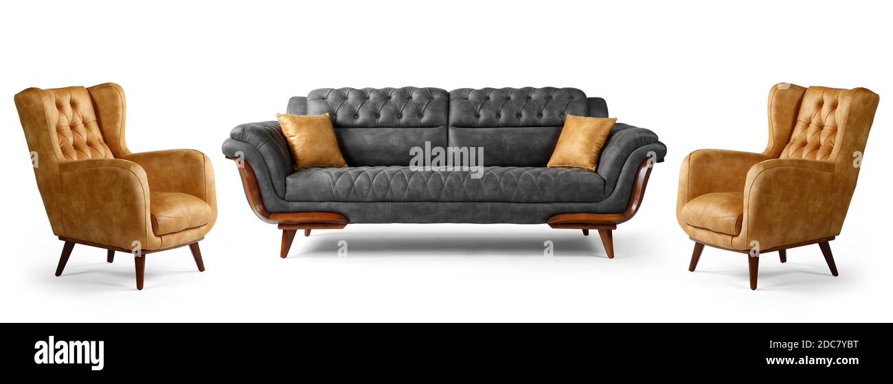 Moderne Möbel sind zur Hälfte auf weißem Hintergrund Stockfoto