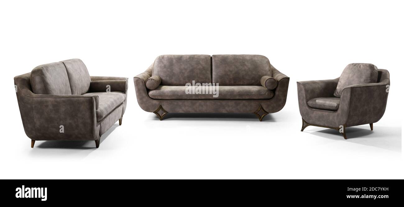 Moderne Möbel sind zur Hälfte auf weißem Hintergrund Stockfoto