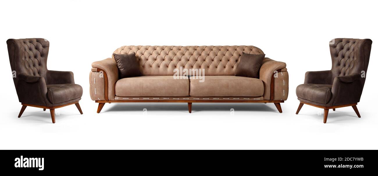 Moderne Möbel sind zur Hälfte auf weißem Hintergrund Stockfoto