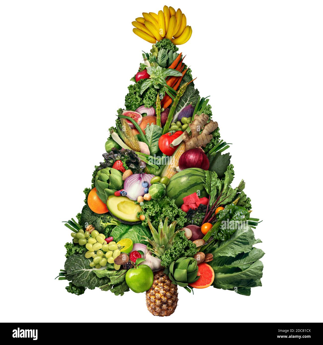 Gesundes Weihnachtsessen Symbol und gesundheitliche Vorteile des Essens von Obst und Gemüse mit Nüssen als lustige festliche Weihnachten geformt. Stockfoto