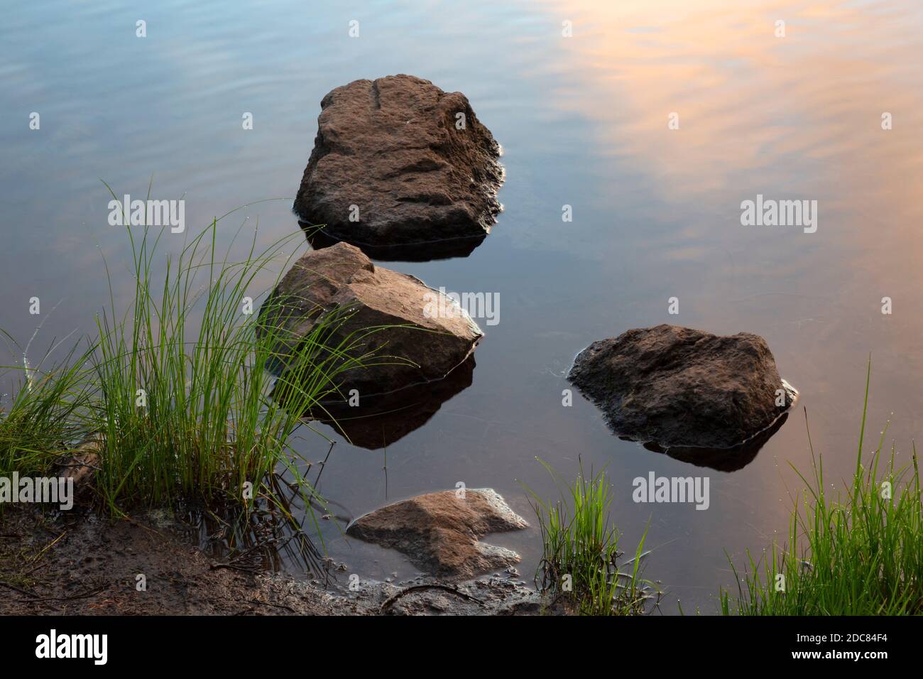 WA18249-00...WASHINGTON - Felsen entlang des Ufers von Reflection Lakes bei Sonnenaufgang im Mount Rainier National Park. Stockfoto