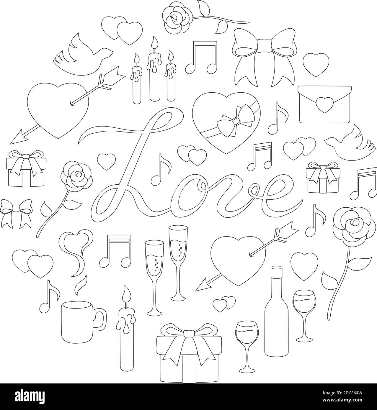 Schwarz und weiß rund Linear Doodle Liebe. Stock Vektor