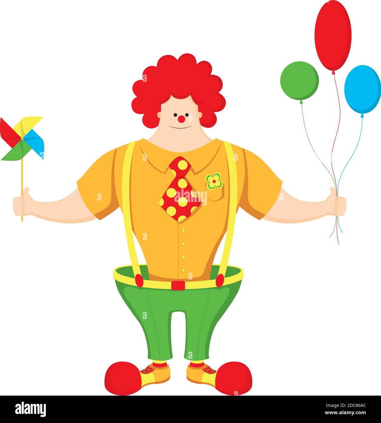 Clown mit Luftballons und Windrad auf weißem Hintergrund Stock Vektor