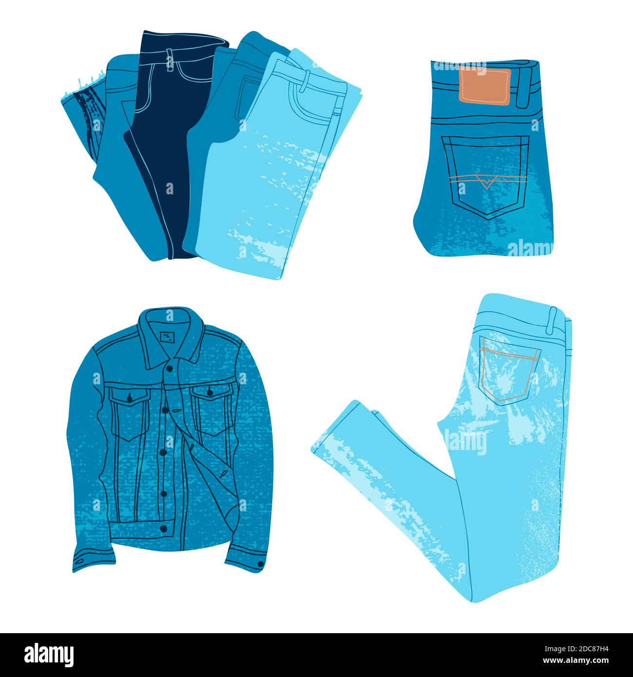 Shorts, Hose und Jacke aus blauem Denim. Set von Denim-Kleidung. Moderne blaue Jeans und Shorts. Trendige Outfit isoliert Illustrationen. Unisex-Bekleidung auf einem Stockfoto