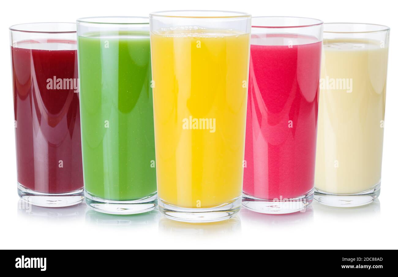 Sammlung von Fruchtsaft Getränke Getränke Glas gesunde Ernährung isoliert Auf weißem Hintergrund Stockfoto