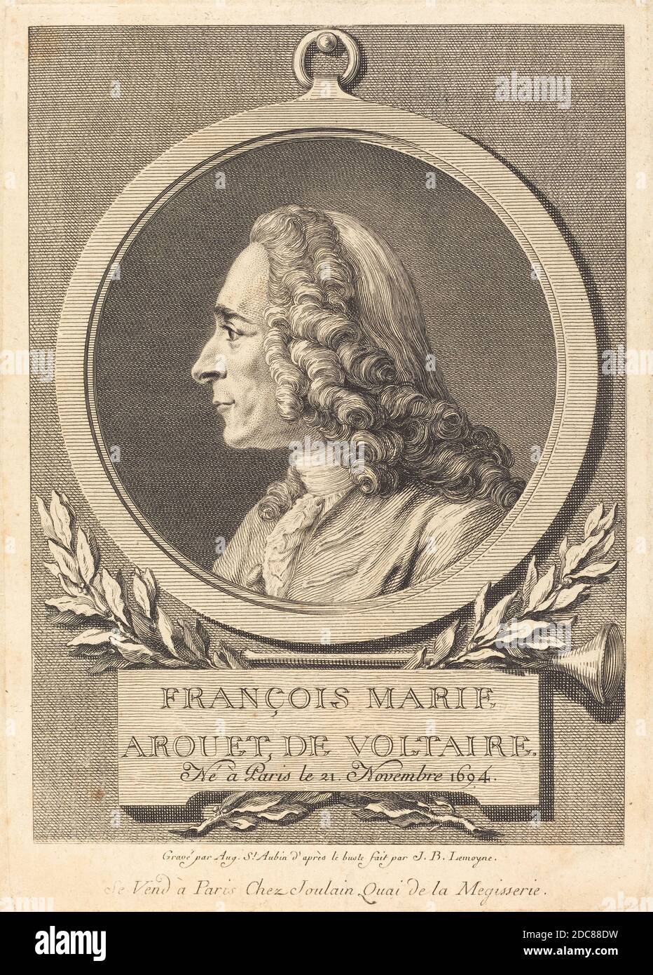 Augustin de Saint-Aubin, (Künstler), französisch, 1736 - 1807, Jean-Baptiste Lemoyne II, (Künstler danach), französisch, 1704 - 1778, Francois Marie Arouet de Voltaire, Gravur über Radierung auf Büttenpapier, Platte: 19.6 x 13.7 cm (7 11/16 x 5 3/8 Zoll), Blatt: 20.2 x 14.3 cm (7 15/16 x 5 5/8 Zoll) Stockfoto