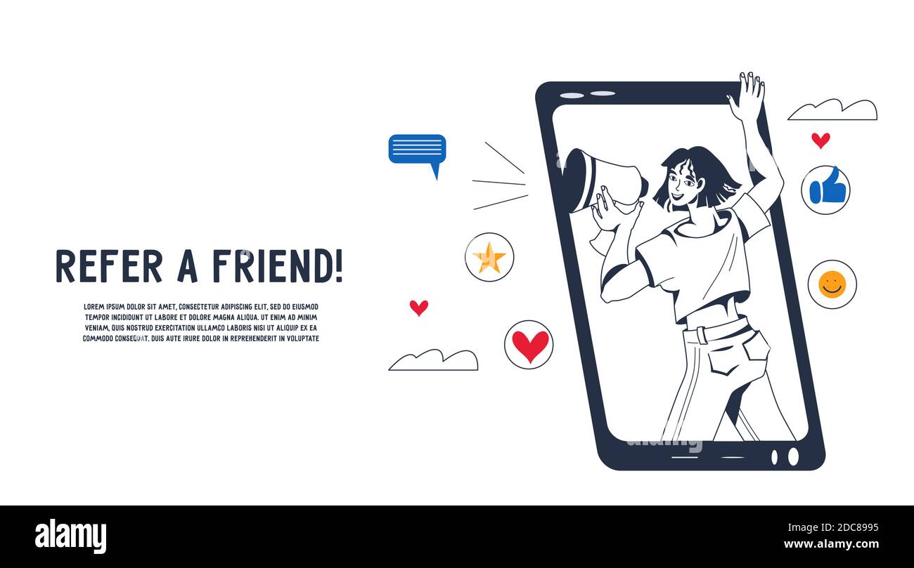 Empfehlen Sie einen Freund Konzept mit Frau macht Business-Promotion Vektor Illustration. Stock Vektor
