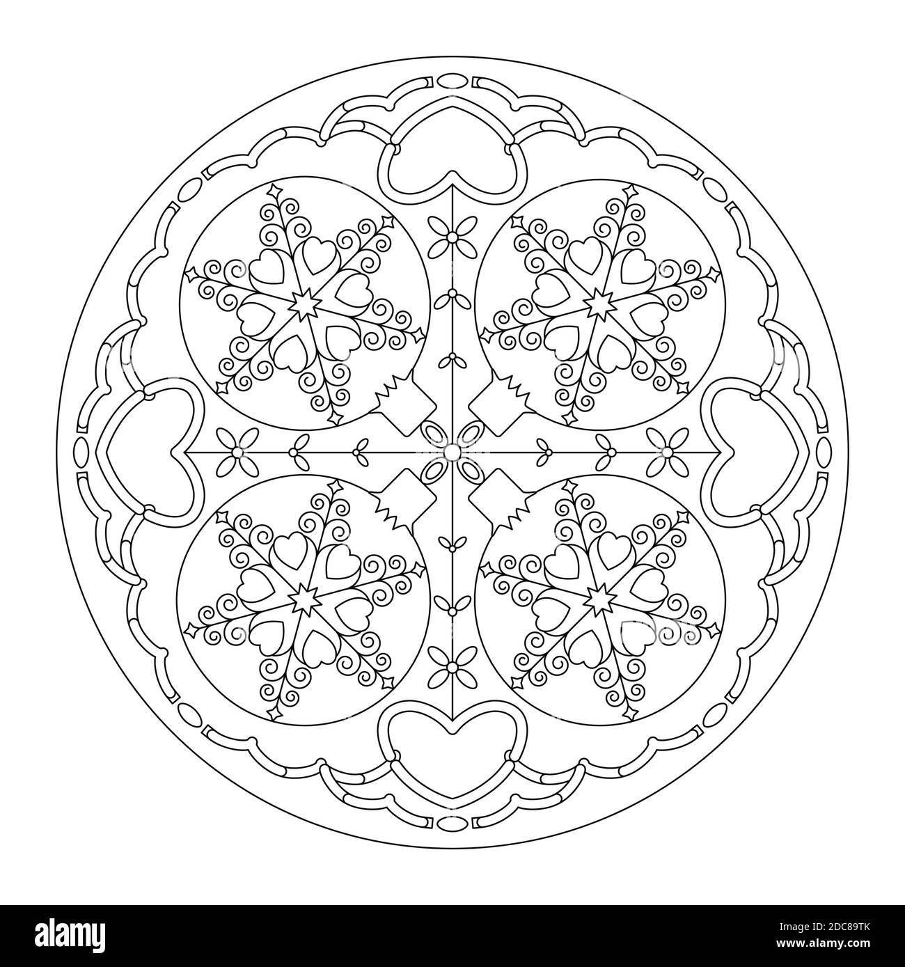 Weihnachts-Mandala. Malseite. Hübsche Weihnachtskugeln und Herzen. Schwarz und Weiß. Vektorgrafik. Stock Vektor