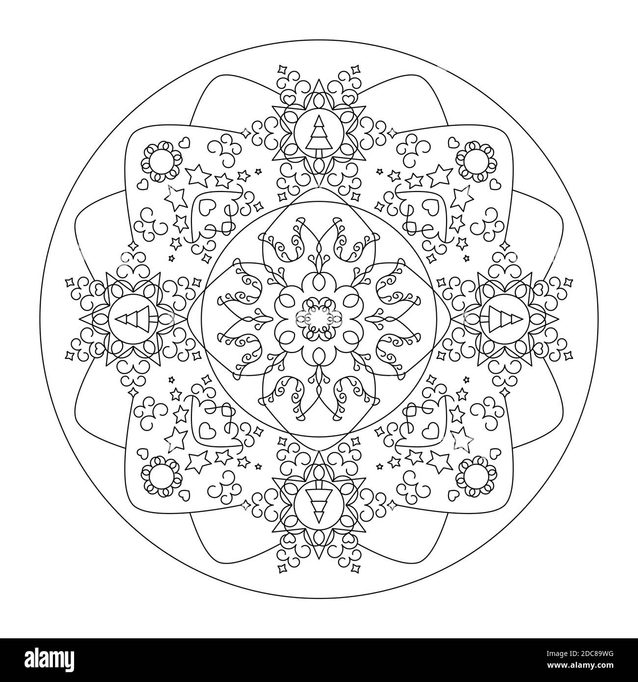 Weihnachts-Mandala. Malseite. Schöner Weihnachtsbaum, Stern und Herz. Schwarz und Weiß. Vektorgrafik. Stock Vektor
