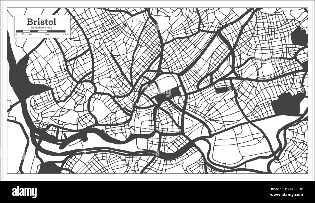 Bristol Grossbritannien Stadtplan in Schwarz-Weiß Farbe im Retro Stil. Übersichtskarte. Vektorgrafik. Stock Vektor