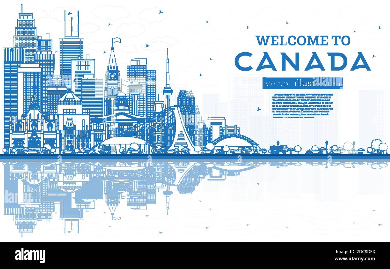 Beschreibung Willkommen in der Skyline von Canada City mit blauen Gebäuden. Vektorgrafik. Konzept mit historischer Architektur. Kanada Stadtbild mit Wahrzeichen. Stock Vektor