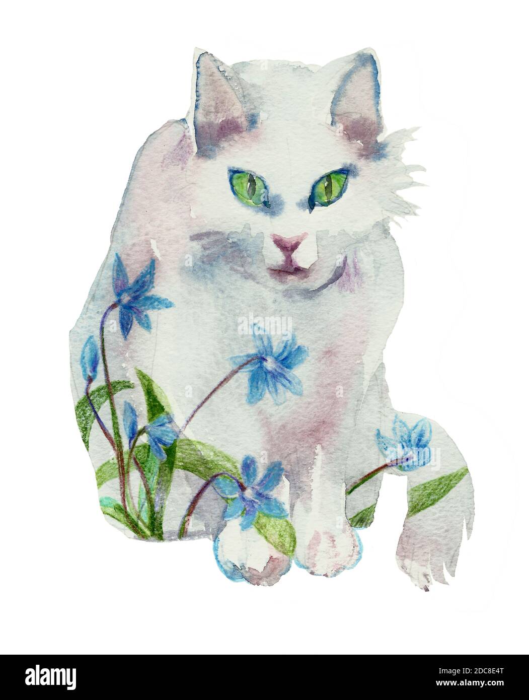 Weiß Aquarell Frühling Katze Konzept Original Haustier Illustration isoliert auf Weißer Hintergrund Stockfoto