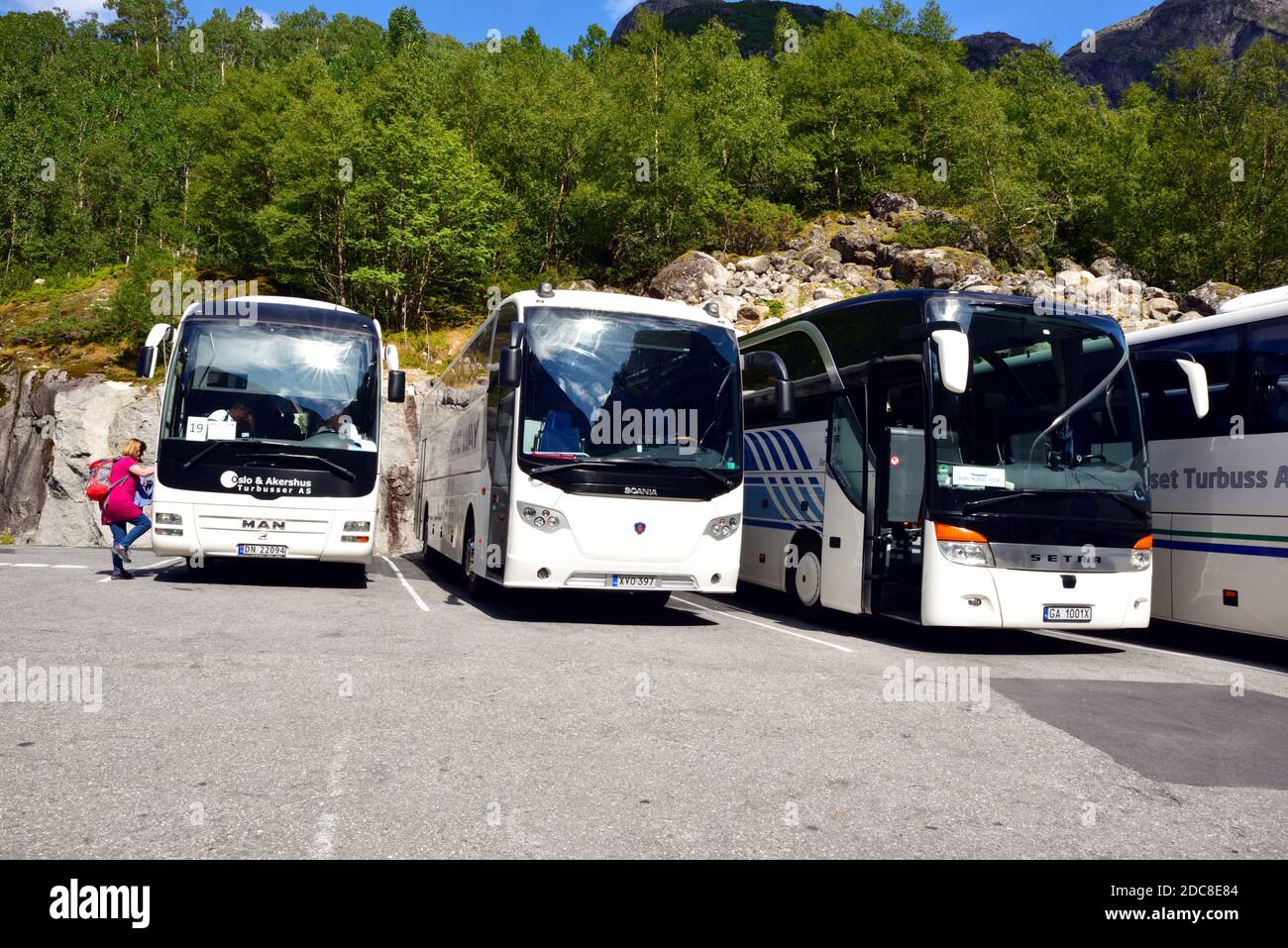 Buslinien im Briksdal Gletscher-Kutschenpark. Vertreten sind Norwegen, Finnland und Polen. Stockfoto