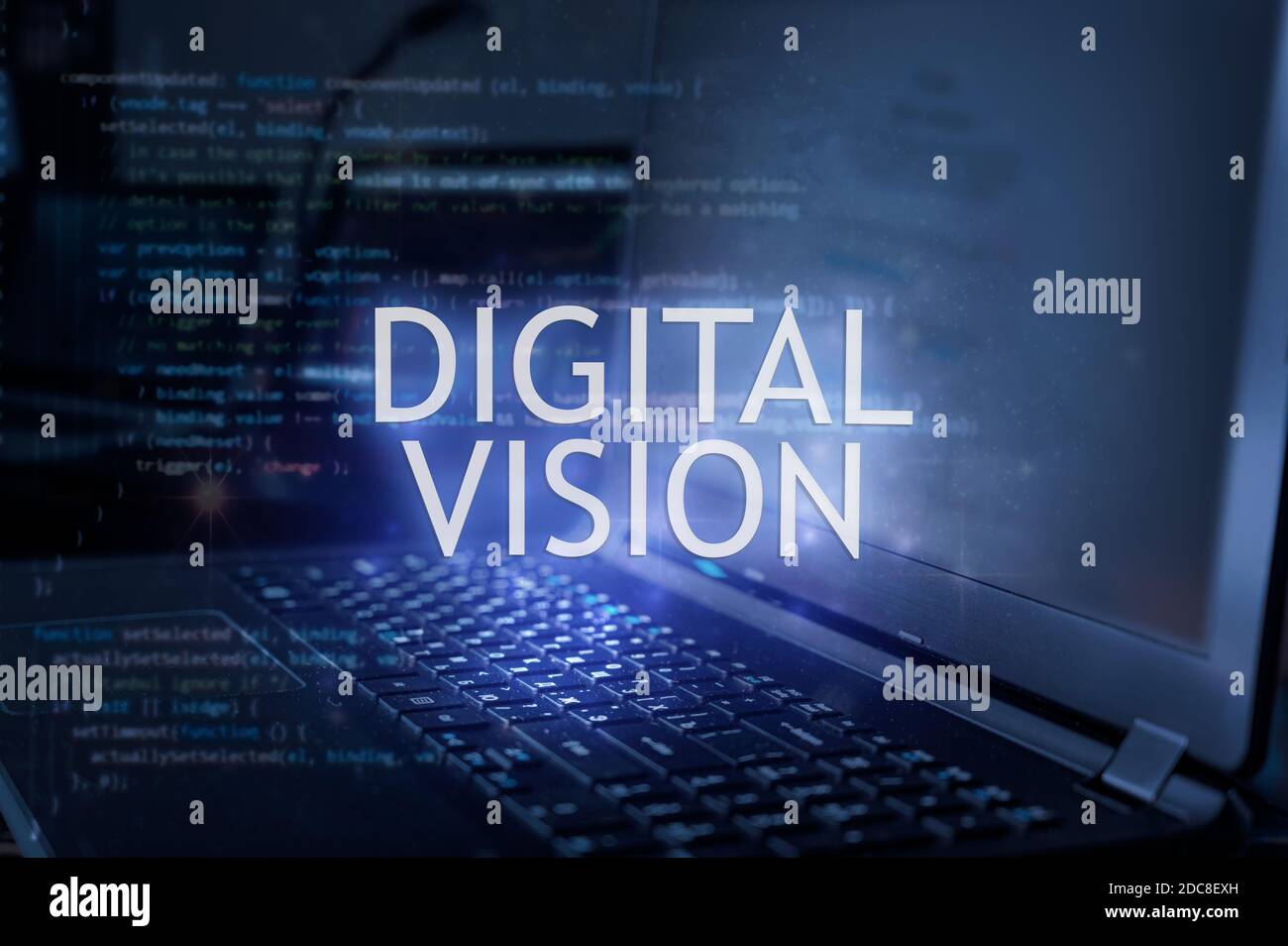 Digital Vision Inschrift gegen Laptop und Code Hintergrund. Technologiekonzept Stockfoto