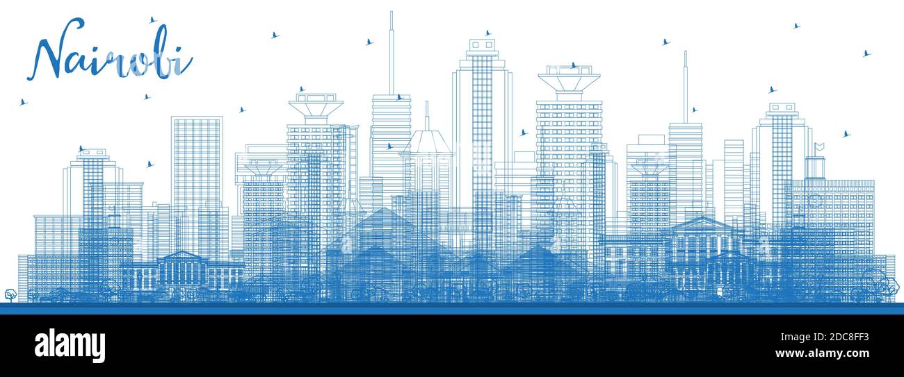 Skizzieren Sie die Skyline von Nairobi Kenya City mit blauen Gebäuden. Vektorgrafik. Business Travel und Tourismus Konzept mit moderner Architektur. Stock Vektor