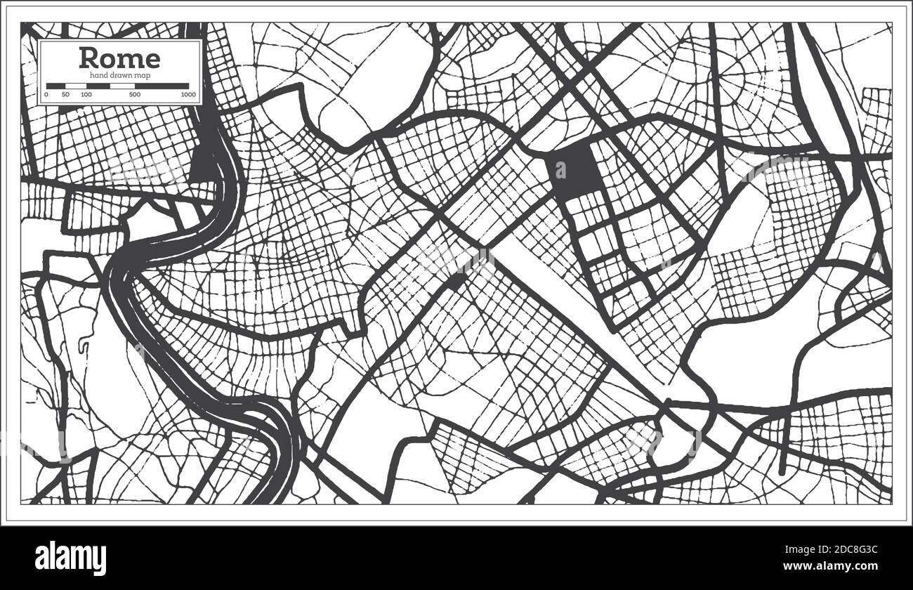Rom Italien Stadtplan in Schwarz und Weiß Farbe im Retro-Stil. Übersichtskarte. Vektorgrafik. Stock Vektor