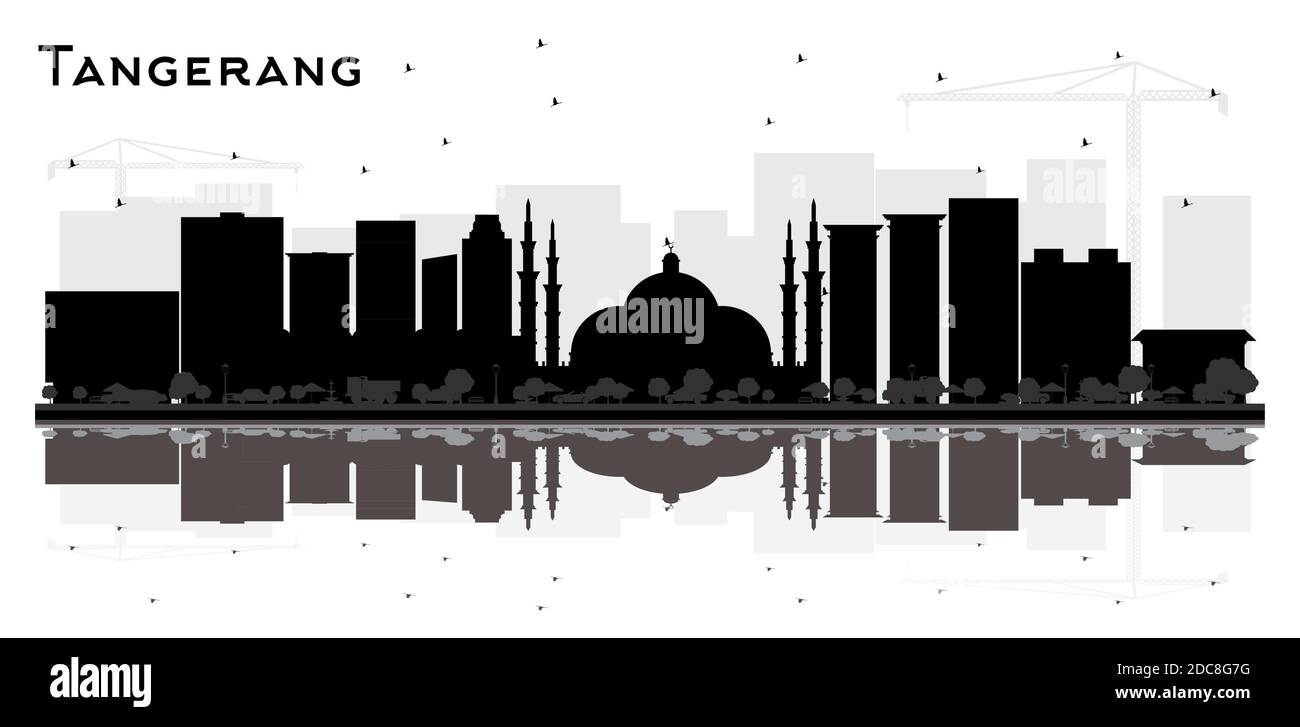 Tangerang Indonesia City Skyline Silhouette mit schwarzen Gebäuden und Reflektionen isoliert auf Weiß. Vektorgrafik. Stock Vektor