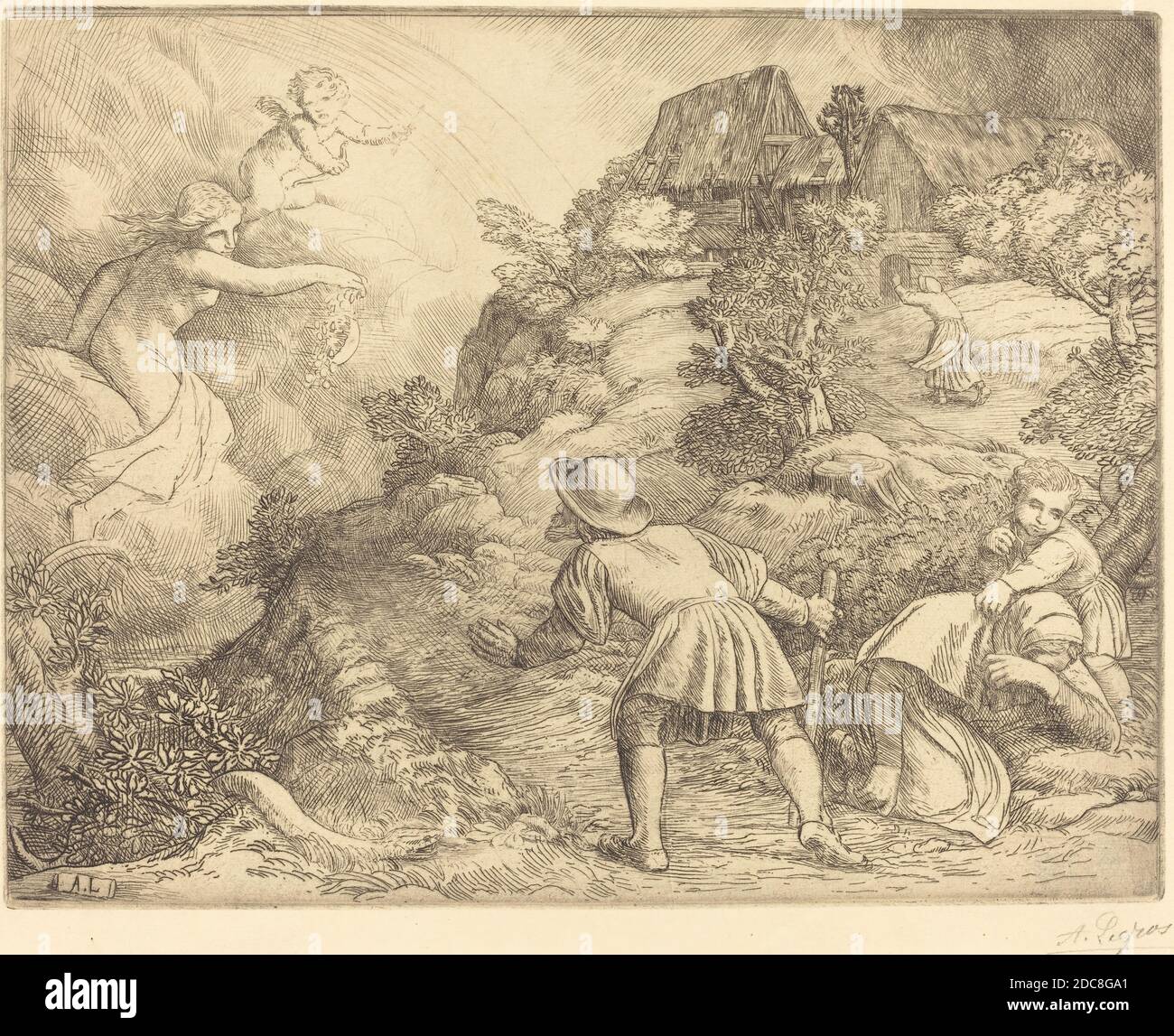 Alphonse Legros, (Künstler), französisch, 1837 - 1911, Allegorie des Bauern und des Glücks (Le paysan et la Fortune: Sujet allegorique), Radierung und Trockenpunkt Stockfoto