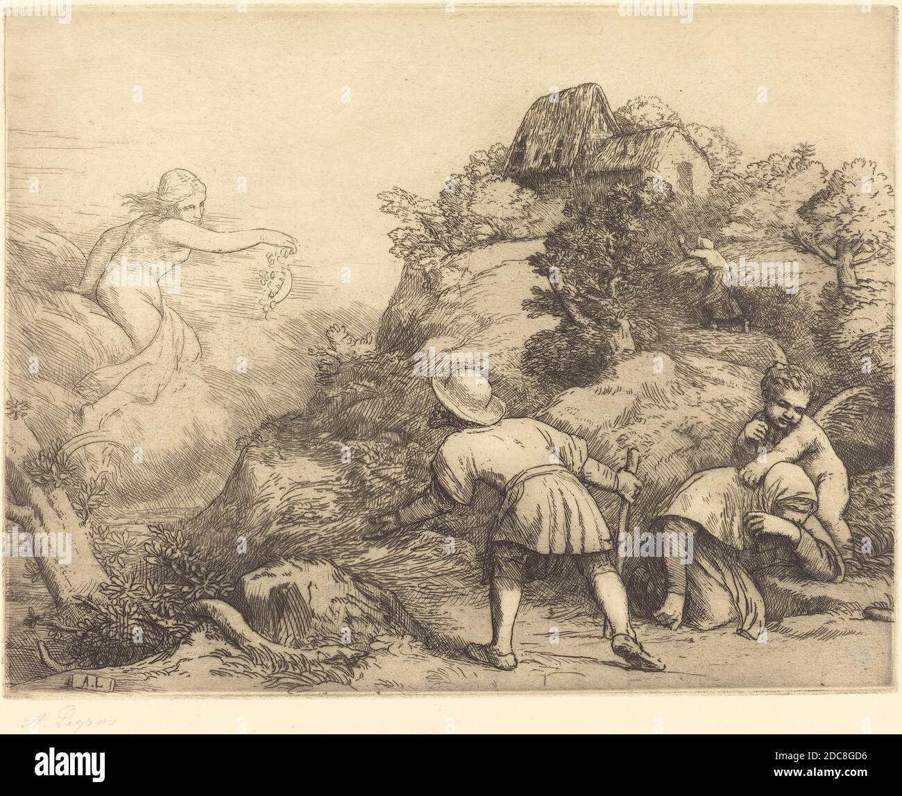 Alphonse Legros, (Künstler), französisch, 1837 - 1911, Allegorie des Bauern und des Glücks (Le paysan et la Fortune: Sujet allegorique, Radierung Stockfoto