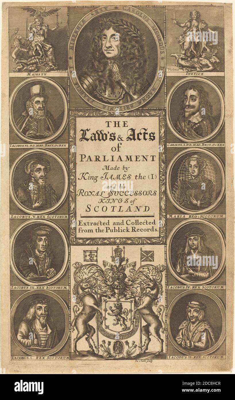 James Clark, (Künstler), Brite, aktiv 1710/1720, Frontispice zu 'The Laws and Acts of Parliament made by King James I. ...', Gravur Stockfoto