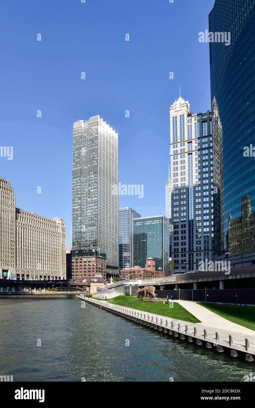 Chicago River läuft durch die große Stadt zwischen Wolkenkratzern und Blauer Himmel Stockfoto