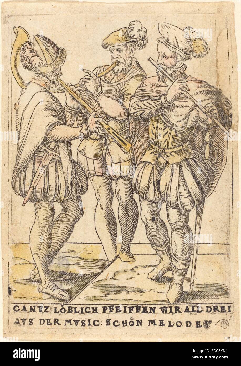 Deutsch 16. Jahrhundert, (Künstler), Gantz loblich Pfeiffen wir alle drei avs der Mvsic: Schon Melodey, Six Musical Subjects, (Serie), c. 1580, Gravur berührt mit gelbem Aquarell Stockfoto