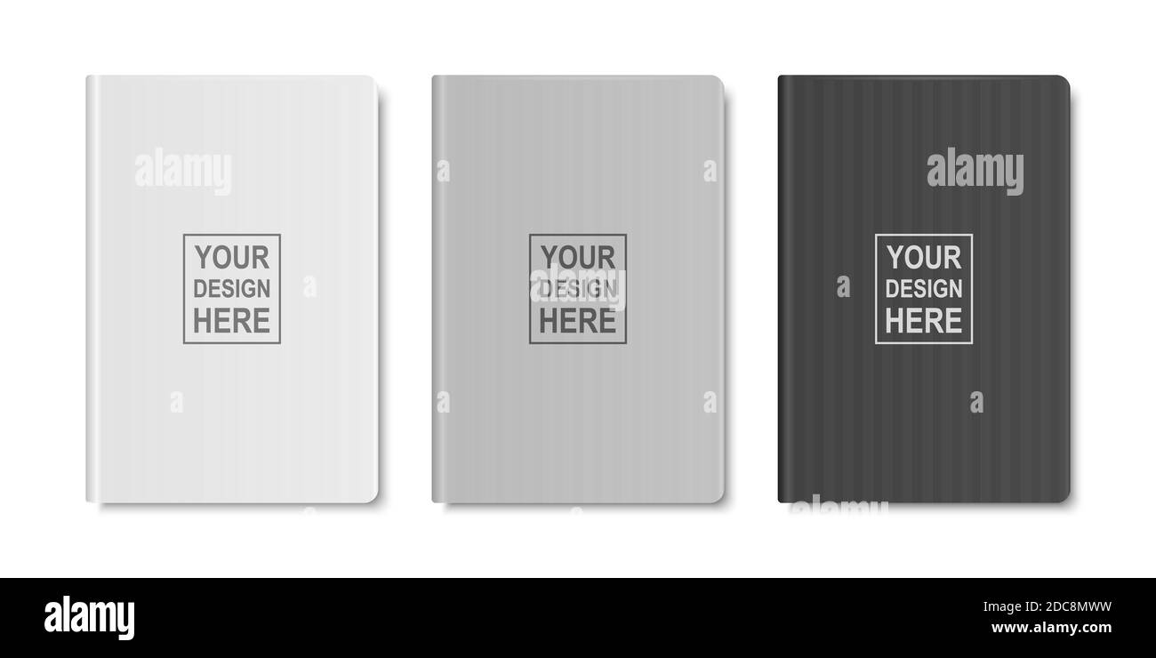 Vector 3d realistische Weiß, Grau, Schwarz geschlossene Blank Papier Notizbuch-Set isoliert auf weißem Hintergrund. Design-Vorlage von Copybook für Mockup, Logo Stock Vektor