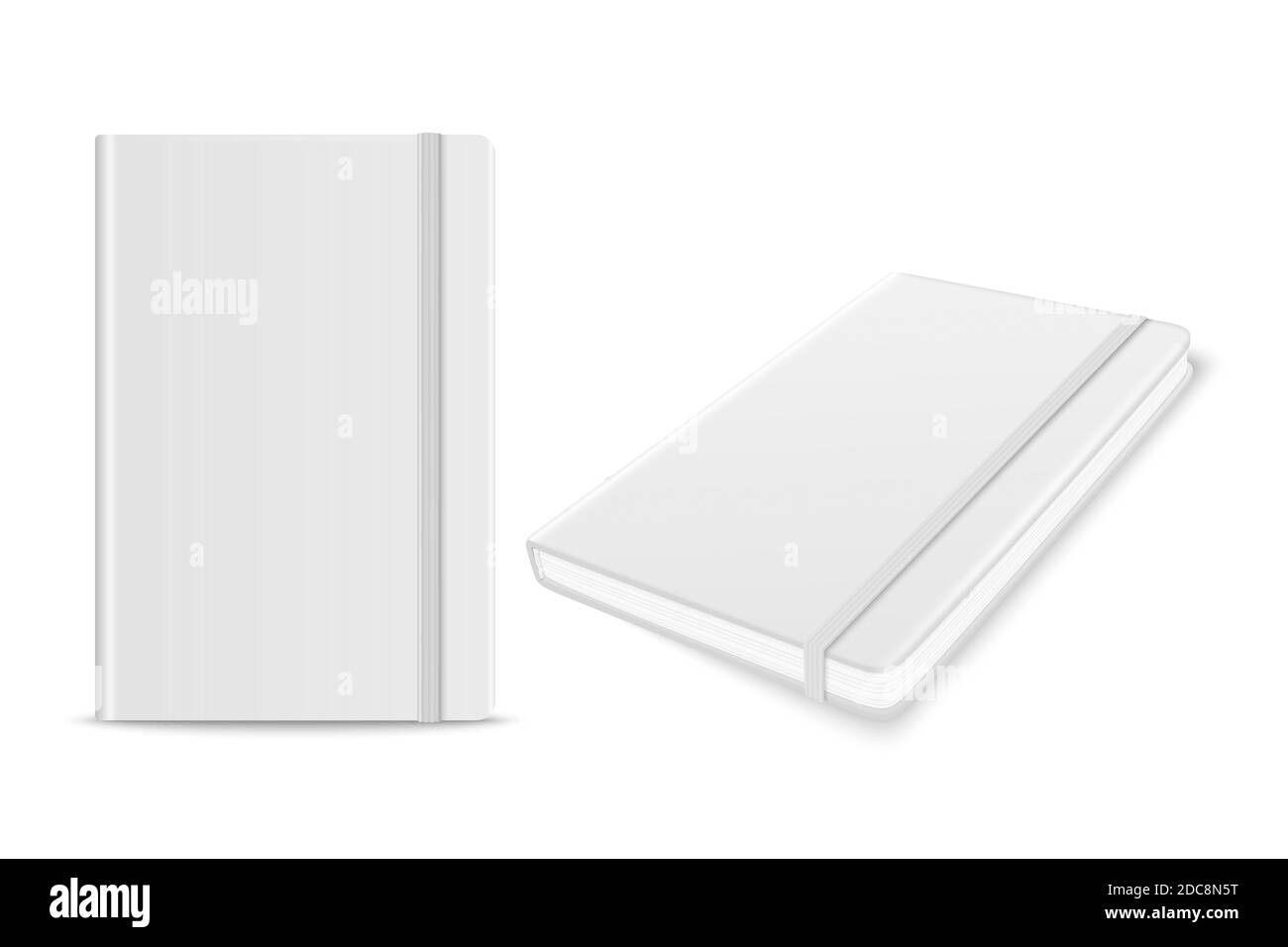 Vector 3d Realistic White Closed Blank Paper Notizbuch mit Lesezeichen auf weißem Hintergrund isoliert. Design-Vorlage von Copybook mit Elastic Band Stock Vektor