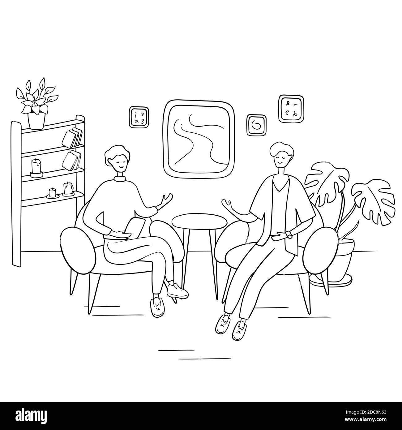 Interviewshow. Der Interviewer stellt dem jungen Mann Fragen. Zwei Männer sitzen auf Stühlen und reden. Handgezeichnete Vektorgrafik im Cartoon-Stil. Stock Vektor