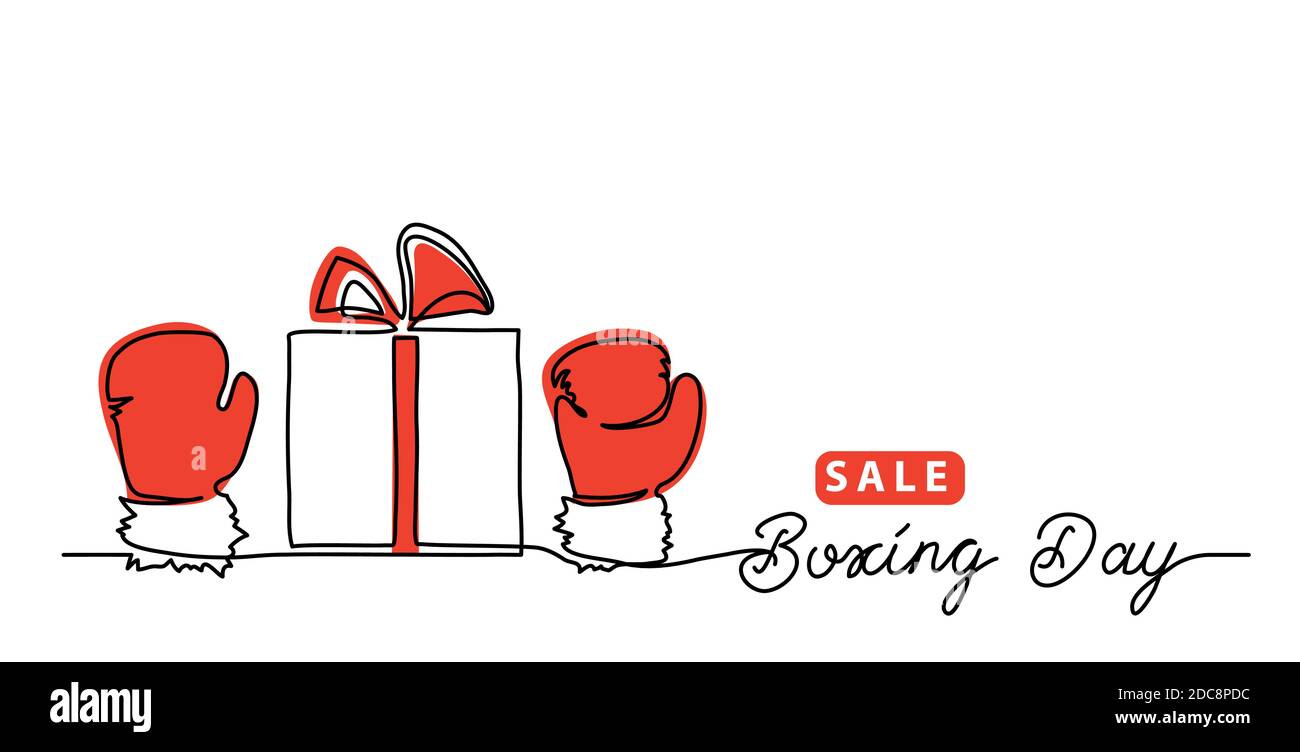 Boxtag Verkaufskonzept, Banner, Hintergrund mit geschenkbox und roten Handschuhen, Fäustling. Eine Linie Zeichnung Kunst Illustration mit Schriftzug Boxtag Stock Vektor