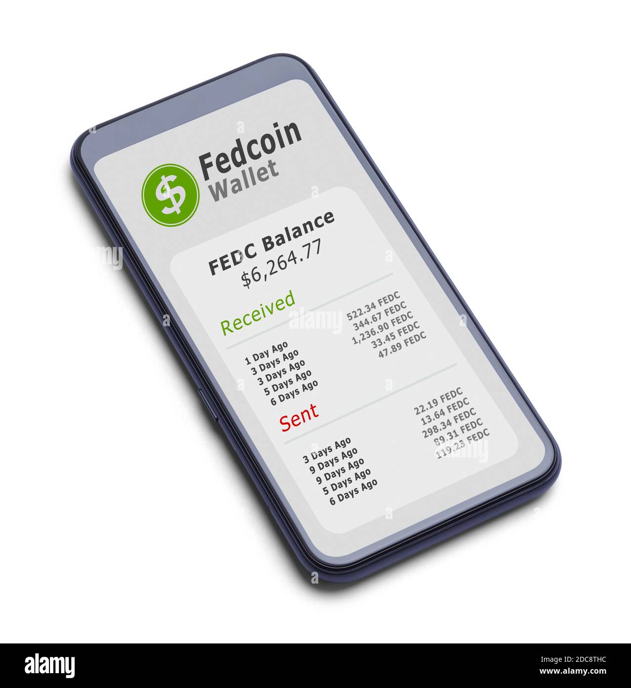 Smartphone mit Fedcoin Crypto Wallet auf Weiß ausgeschnitten. Stockfoto
